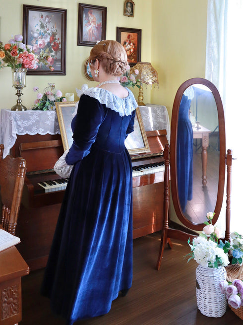 Gothiv Navy Victorian style Dress with Lace Ruffled Collar and Long Sleeves – Gothic Victorian Dress - Velvet Dress Plus Size